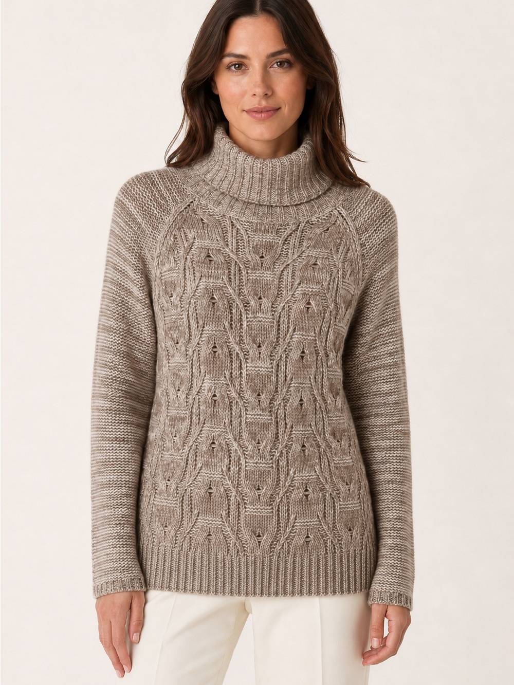 Coldwater Creek Merino Wool Blend Cable Knit Turtleneck Sweater Taupe Size S